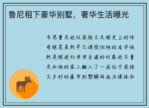 鲁尼租下豪华别墅，奢华生活曝光